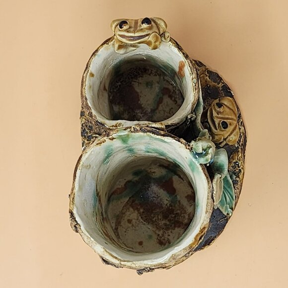 Vintage Majolica Style Ceramic Frog Tree Stump Art Pottery Planter - Picture 4 of 11